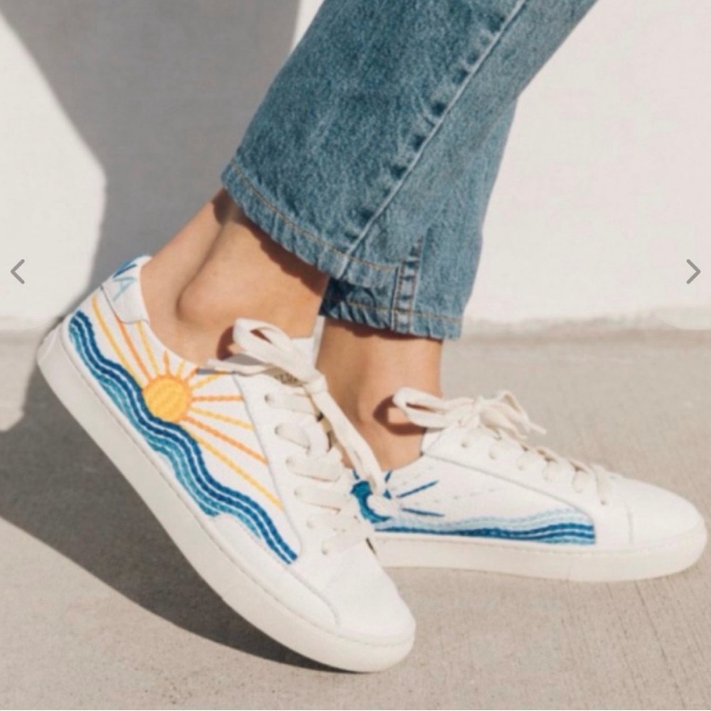 Soludos White Sneakers with Blue Wave & Yellow Sun Embroidery